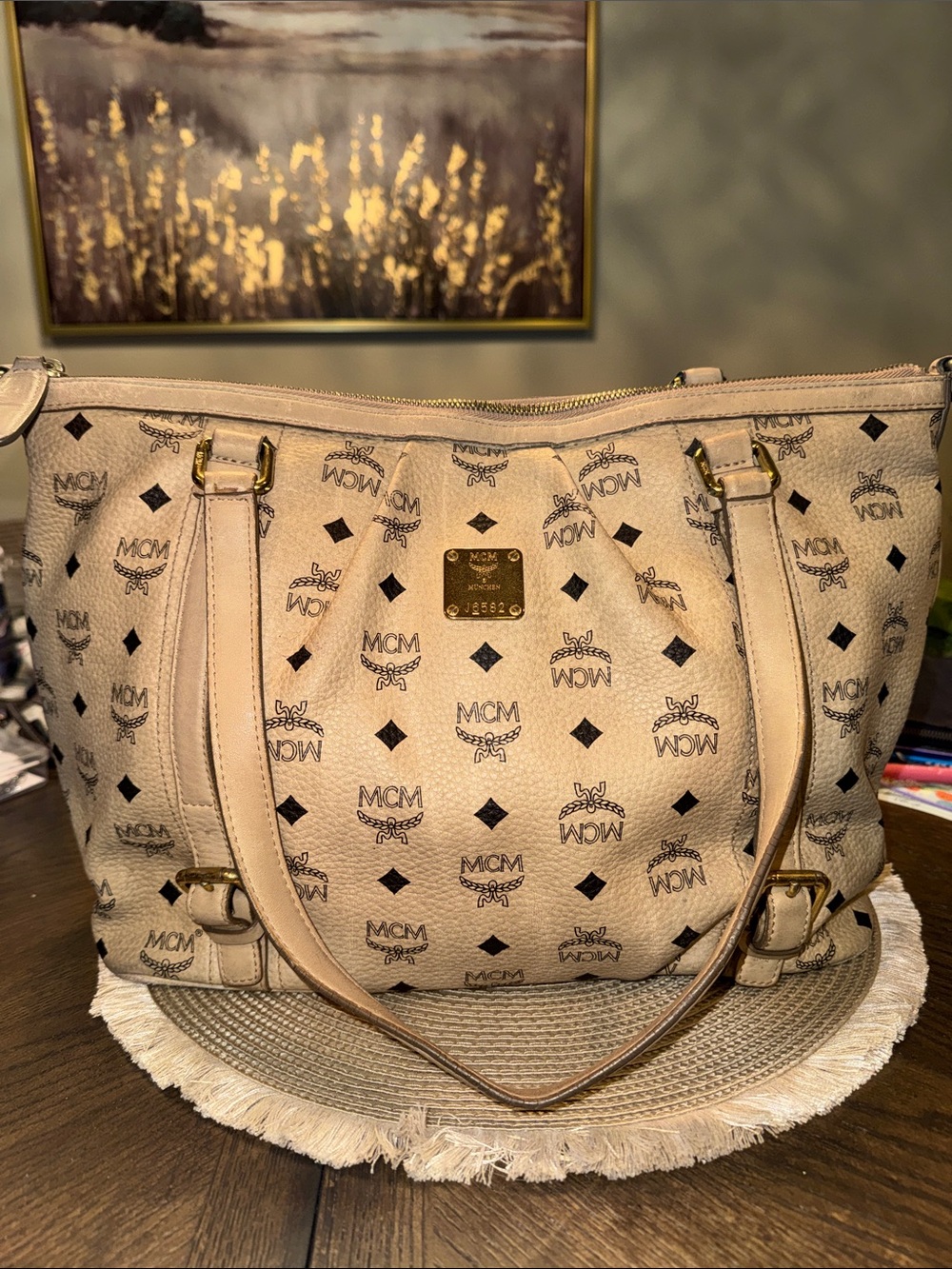 MCM Visetos Beige Monogram Shoulder Bag with Gold Hardware